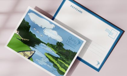Front and reverse of an illustrated Quay House postcard showing the creekside setting near Padstow
