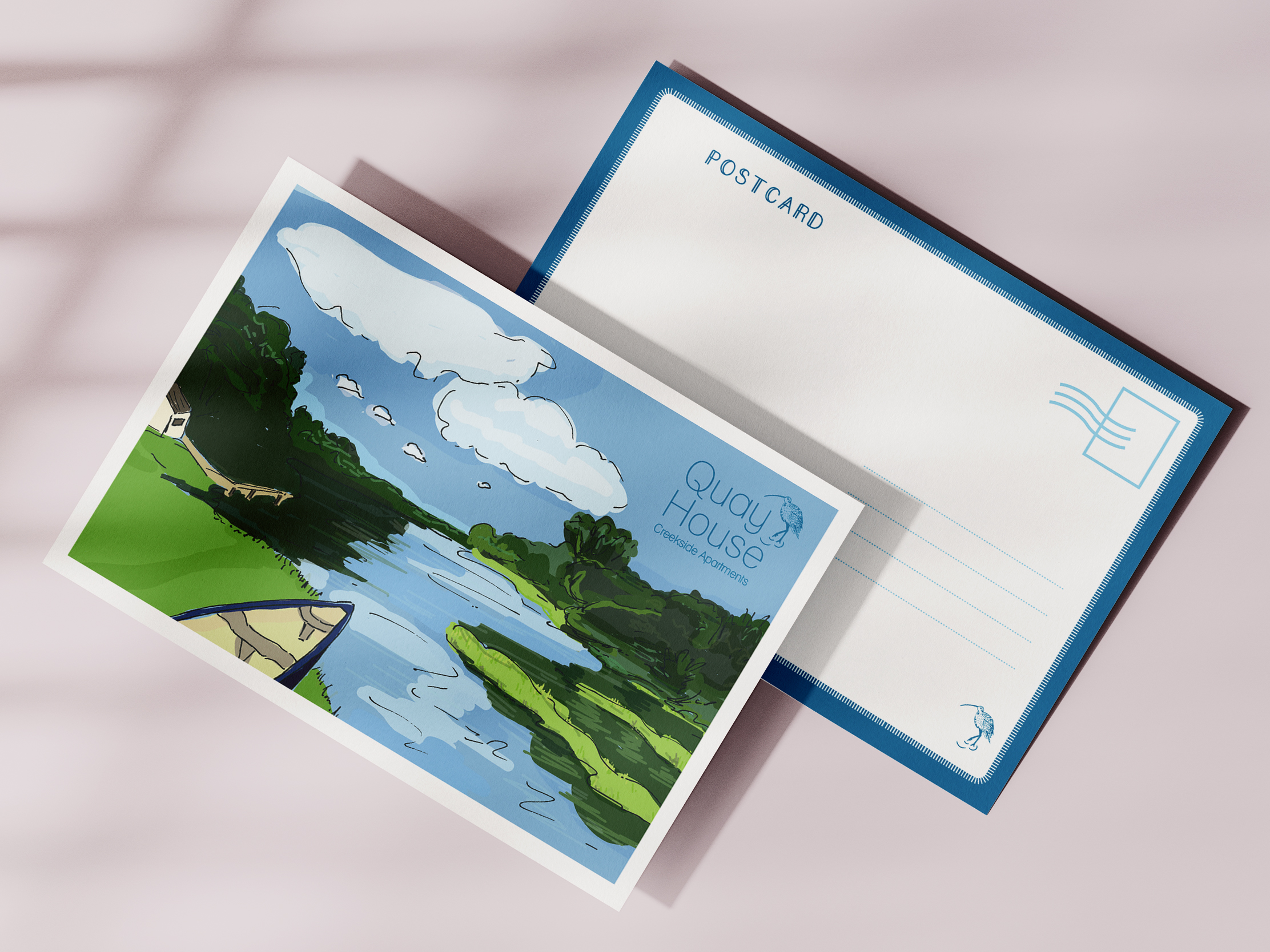 Front and reverse of an illustrated Quay House postcard showing the creekside setting near Padstow
