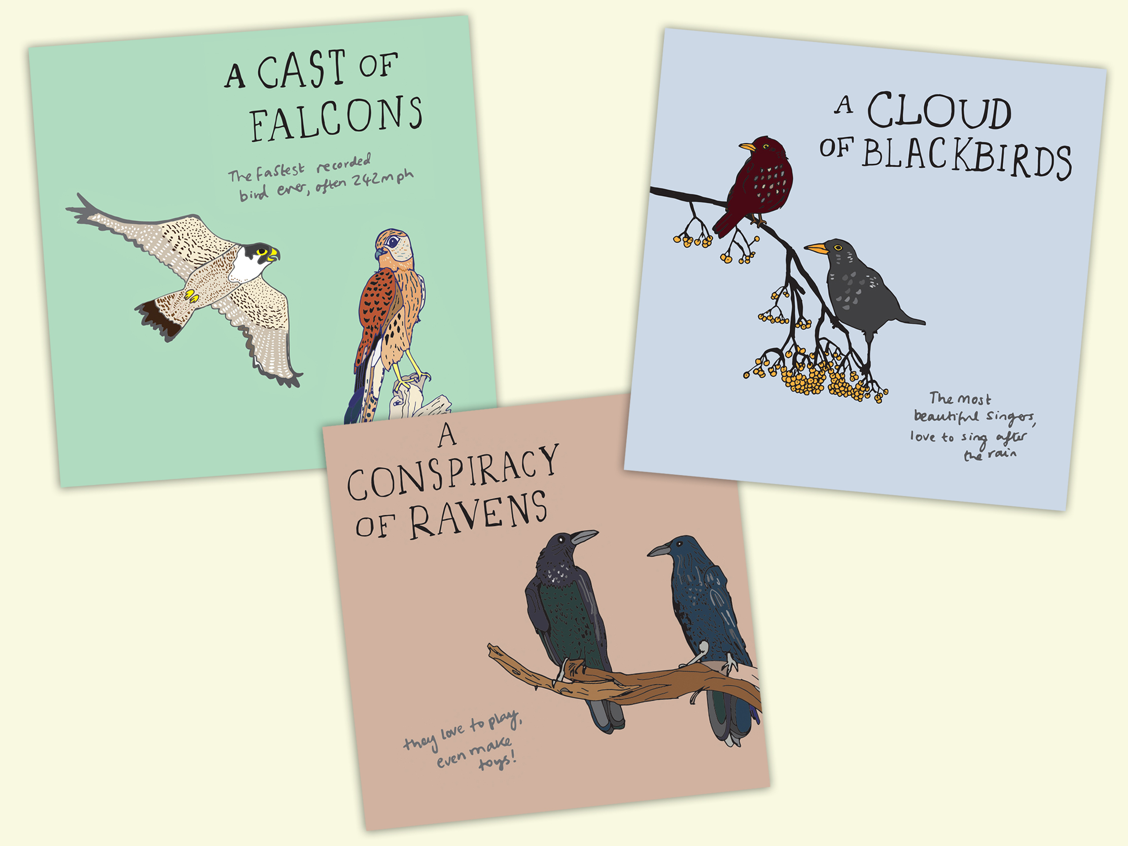 Collective nouns for birds illustrated for the 2023 Pickle Calendar
