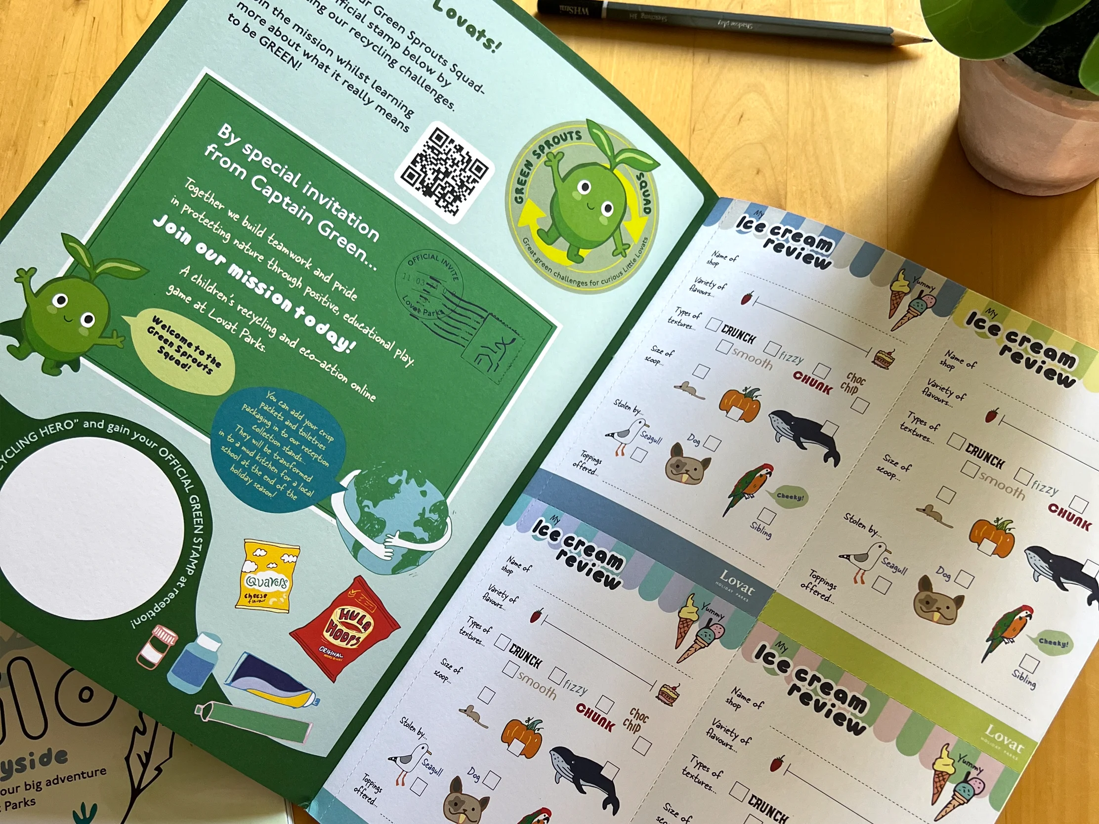 Illustrated family activities and Green Sprouts sustainability content for Lovat Holiday Parks